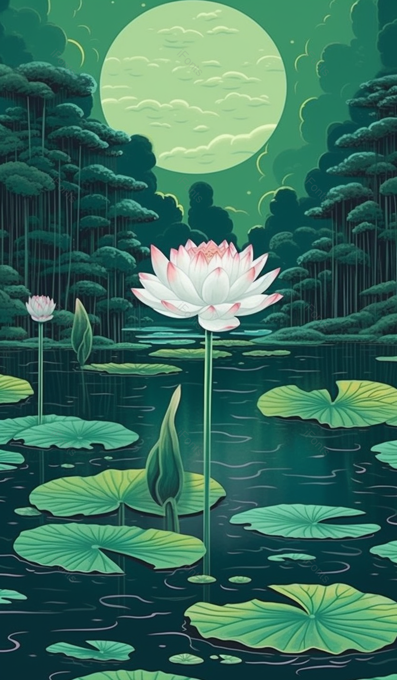 处暑绿色池塘里的荷叶荷花插画,插画/手绘图,插画/手绘图库,插画/手绘图下载,插画/手绘